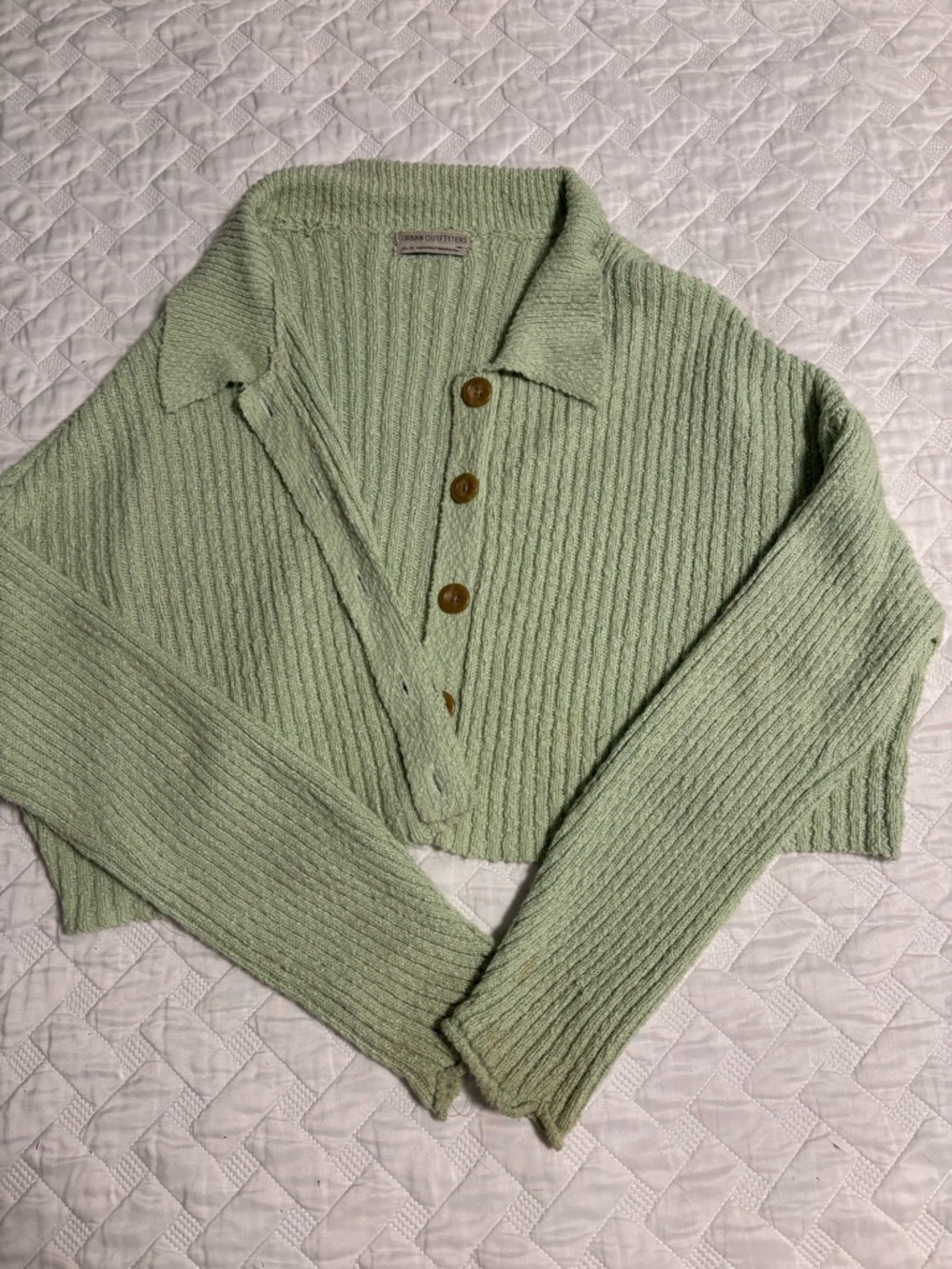 Urban Outfitters Mint Green Ribbed Cropped Button Cardigan